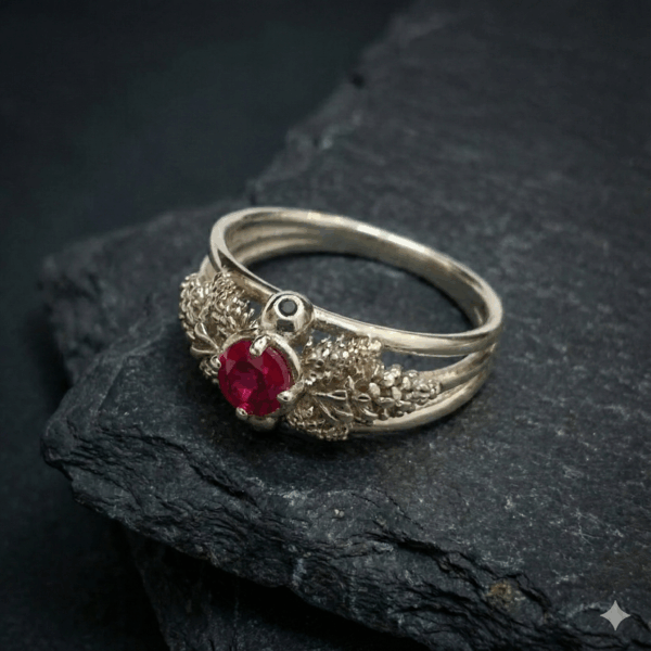 טבעת אוגוסט זהב לבן טבעי ואבן רובי