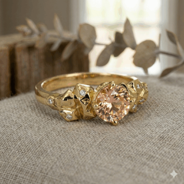 טבעת סלעים משובצת אבן מורגנייט ויהלומים קטנים זהב צהוב 14 קראט