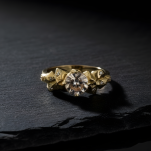 טבעת סלעים משובצת אבן מורגנייט ויהלומים קטנים זהב צהוב 14 קראט