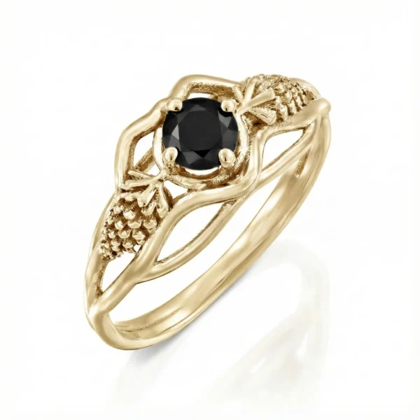 טבעת זהב ענף 14 קראט עם יהלום שחור