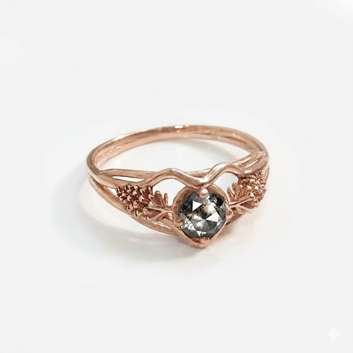 טבעת זהב ענף 14 קראט עם יהלום Salt & Pepper